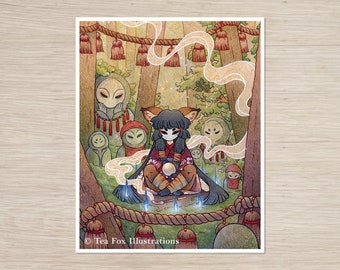 May include: A fox-like creature with black hair and a white mask sits in a forest clearing, surrounded by small, white, masked figures. The creature holds a glowing orb in its hands. The scene is surrounded by a rope with red tassels hanging from it. The text "Tea Fox Illustrations" is at the bottom of the image.
