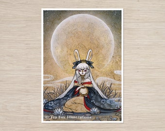 Lune lapin tenant un miroir, folklore japonais, impression d'art mat 5 x 7 sur papier chiffon de coton