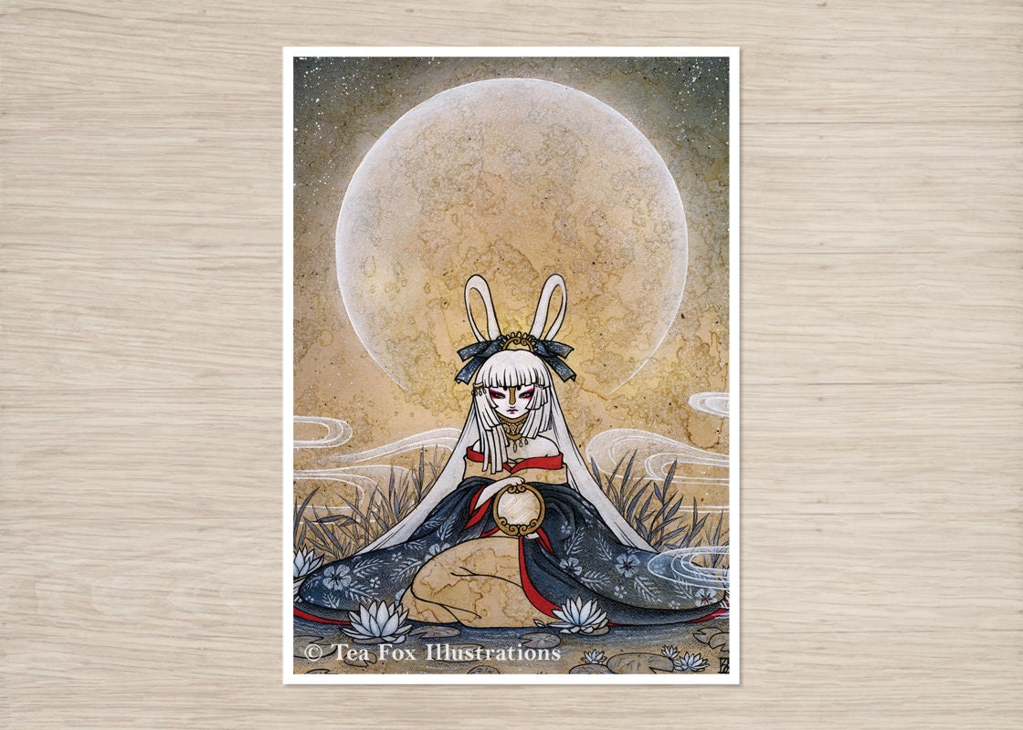Moon Rabbit Holding Mirror, Japanese Folklore, 5x7 Matte Art Print