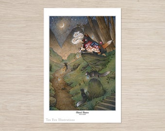May include: A print of an illustrated scene featuring foxes in a forest setting. The artwork depicts a fox-like creature on a cliff, with other foxes below. The scene includes a path, mountains, and a crescent moon. The text "Okina's Illusion" is visible.