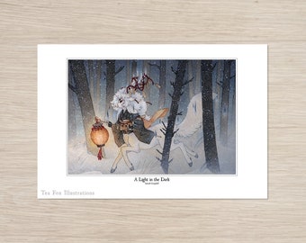 Art Poster: Deer Spirit with Lantern in Snowy Winter Forest, Japanese Folklore (12x18)