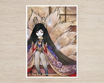 Nine Tailed Kitsune Holding Jewel, 5x7 Matte Art Print on Cotton Rag Paper