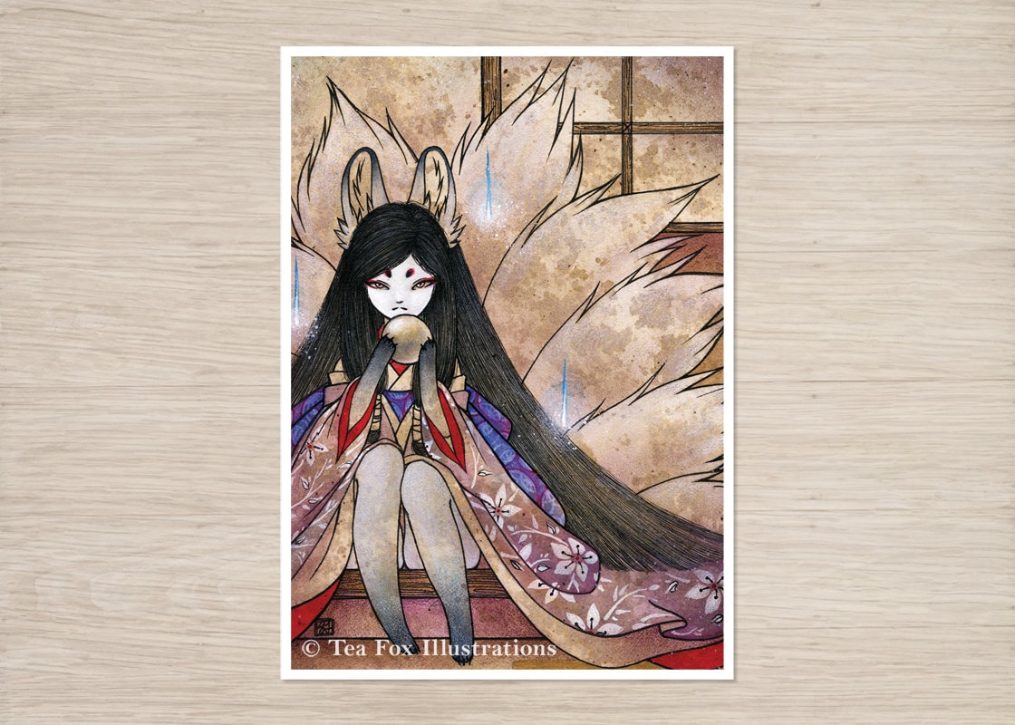 Art Print: Nine Tailed Fox Holding Jewel, Japanese Folklore (5x7
