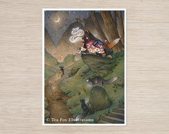 May include: A digital illustration of a fox wearing a kimono and surrounded by other foxes in a forest setting. The fox is on a rock with a crescent moon in the sky. The text "Tea Fox Illustrations" is at the bottom of the image.