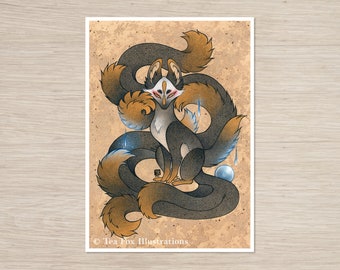 Black and Gold Ninetails, Fox Japanese Folklore, 5x7 Matte Art Print on Cotton Rag Paper