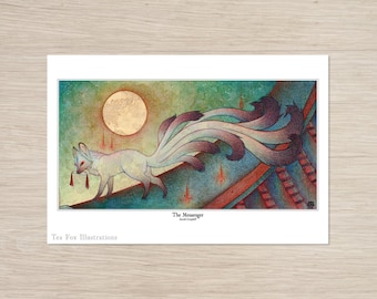 May include: An illustration of a white fox with nine tails, walking on a rooftop under a full moon. The fox carries red tassels in its mouth. The artwork is titled "The Messenger" and is signed by Sarah Graffill.