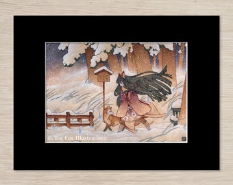 Kitsune Spirits on Snowy Path, 5x7 Lustre Print with 8x10 Black Mat