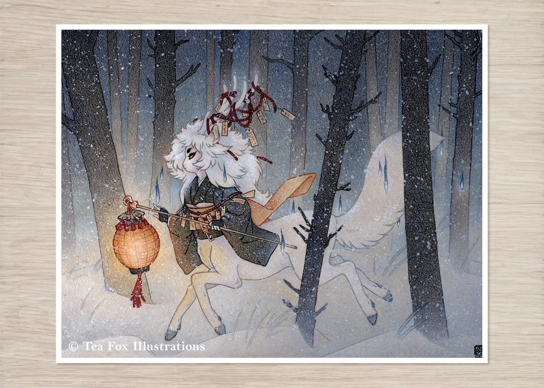 Art Print: Deer Spirit With Lantern in Snowy Winter Forest