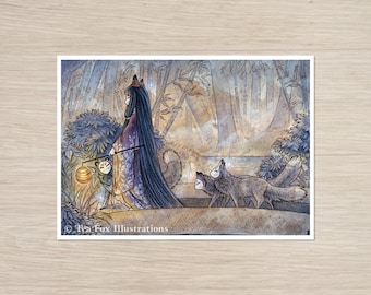 Fox Spirits Cross Bridge Through Forest, 5x7 Matte Art Print on Cotton Rag Paper