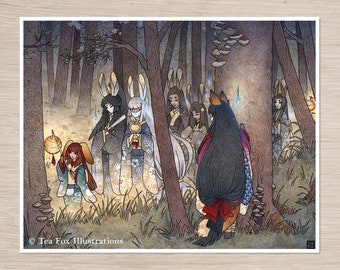 May include: A watercolor illustration of a group of people in a forest. The people are wearing traditional Japanese clothing and have rabbit ears. They are holding lanterns and walking through the forest. The forest is dark and mysterious, with tall trees and a starry sky. The illustration is in a soft, muted color palette.