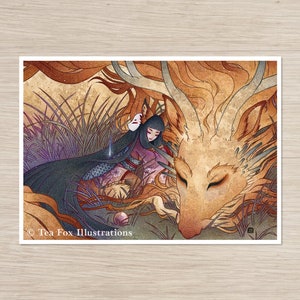 Fox Girl Slumbers with Dragon, Japanese Folklore, 5x7 Matte Art Print on Cotton Rag Paper