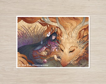 Art Print: Masked Fox Girl Slumbers with Golden Dragon, Japanese Folklore (5x7)