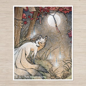 Kitsune Art Print: Full Moon Japanese Maple Tree, Fox Folklore (8x10)