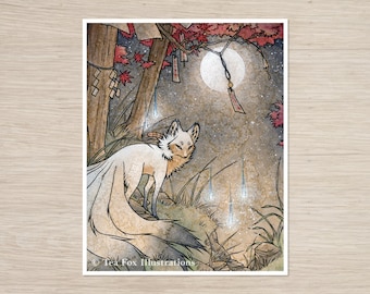 Kitsune Under Japanese Maple Tree, Fox Japanese Folklore, 8x10 Matte Art Print on Cotton Rag Paper
