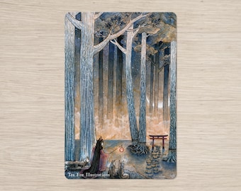 Kitsune Spirits Begin Journey, Fox Yokai Japanese Folklore, 4x6 Postcard Stationery