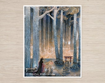 Puede incluir: Una pintura de acuarela de una mujer con un kimono rojo y negro sosteniendo una linterna en un bosque con una puerta torii roja en el fondo. El bosque está lleno de árboles altos y se puede ver una luna creciente en el cielo. El texto "Tea Fox Illustrations" está en la esquina inferior derecha de la pintura.