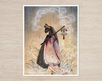 May include: Illustration of a figure in traditional Japanese attire, holding a lantern. The figure has long black hair and a fox-like mask. The artwork features a muted color palette with floral patterns on the kimono and a stylized background.