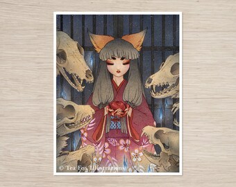 Kitsune Art Print: Fox Woman in Reverie, Japanese Folklore