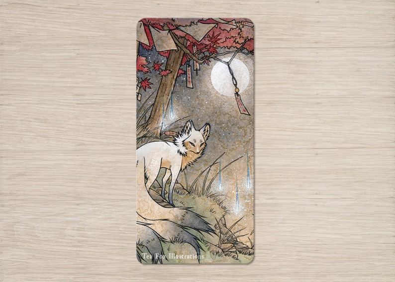 Kitsune Casts Foxfire in Dark Forest, Fox Japanese Folklore, Holographic Bookmark Book Accessory image 2