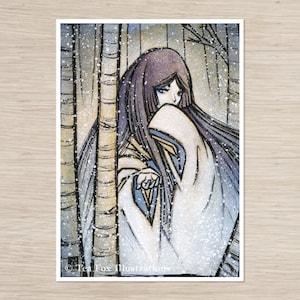 Beckoning Yuki Onna in a Winter Forest, 5x7 Matte Art Print on Cotton Rag Paper