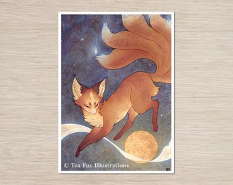 Fox Jumping Over the Moon, Celestial Kitsune, 5x7 Matte Art Print on Cotton Rag Paper