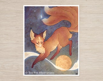 Art Print: Kitsune Jumping Over Full Moon, Japanese Folklore (11x14)