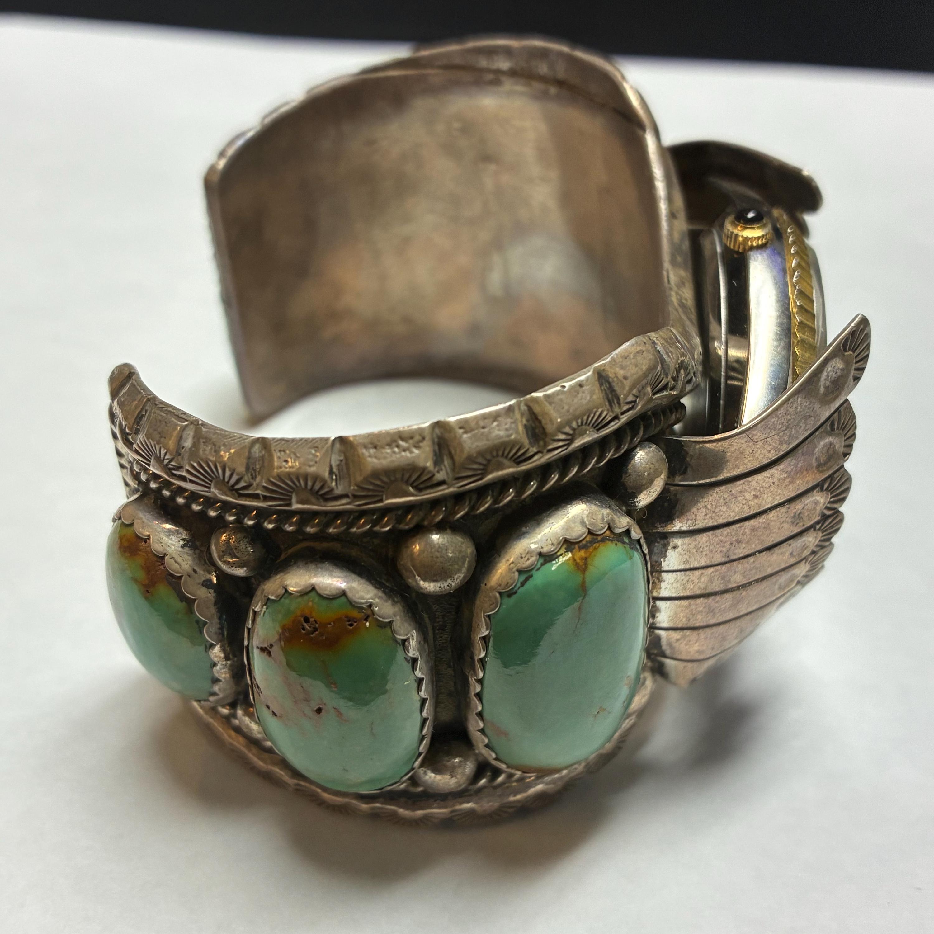 Vintage Sterling Silver Navajo Handmade Thick Turquoise Watch Cuff ...