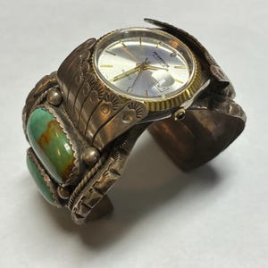 Vintage Sterling Silber Navajo Handmade Dicke Türkis Uhr Manschette Armband