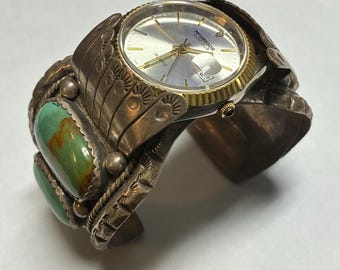Bransoleta mankietowa z grubego turkusu w stylu vintage, wykonana ręcznie ze srebra próby 925 Navajo