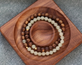 Pulsera de madera de agar Kynam verde y jade Qingshui verde hielo / Madera de agar natural de Hainan / Jade de alta calidad / Joyería artesanal relajante
