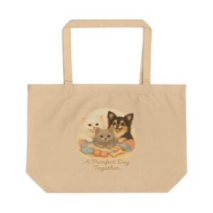 A Purrfect Day Cat and Dog Tote Bag - Large Organic Canvas Tote with Cute Pet Illustration - Eco-Friendly Gift for Animal Lovers