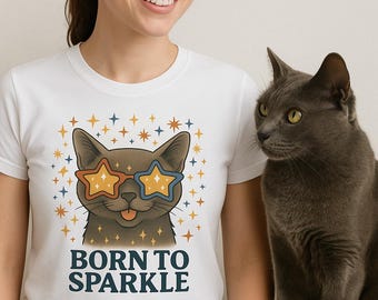 Camiseta unisex "Born to Sparkle Cat", ropa adorable para gatos, regalo para amantes de los gatos, divertida y original, regalo de cumpleaños, para amantes de las mascotas.