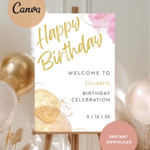 Birthday Welcome Sign | Modern White Gold | Editable Party Decor | Instant Download | Printable Sign | Editable Canva Template | Printable