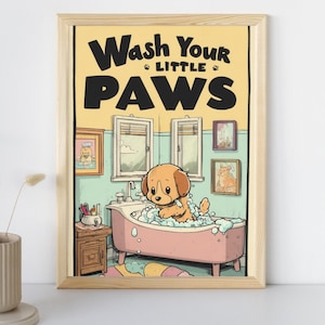 Letrero &quot;Lávate las Patitas&quot;, Arte para el Baño con Perros, Impresión Divertida de Higiene, Decoración de Pared Infantil, Póster Divertido de Animales, Descarga Instantánea para Amantes de las Mascotas