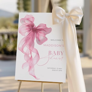 Pink Bow Baby Shower Welcome Sign Editable Template, Girl Baby Welcome Shower Signs Printable, Pink Coquette Baby Shower Sign