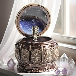 May include: A round, dark brown music box with an open lid featuring a starry night sky interior. A silver angel figurine stands in the center. The exterior is decorated with metallic silver relief panels depicting zodiac signs.