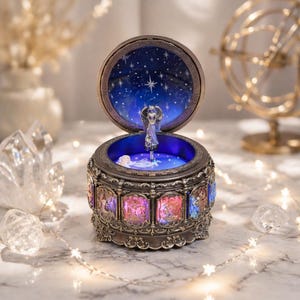 May include: A round, metallic music box featuring an open lid with a dark blue starry sky interior. A silver angel figurine stands in the center. The exterior base is decorated with illuminated, colorful panels depicting zodiac signs.