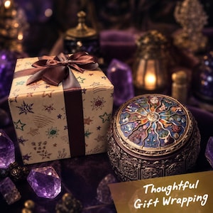 May include: A square gift box wrapped in tan paper with a colorful star pattern and a dark brown ribbon bow, positioned next to a round, ornate, dark-toned box featuring a detailed, multi-colored zodiac-themed lid with the text Thoughtful Gift Wrapping.