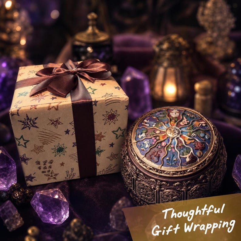 May include: A square gift box wrapped in tan paper with a colorful star pattern and a dark brown ribbon bow, positioned next to a round, ornate, dark-toned box featuring a detailed, multi-colored zodiac-themed lid with the text Thoughtful Gift Wrapping.
