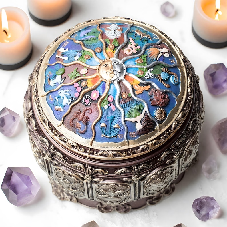 May include: A round, dark-toned decorative box featuring a detailed lid with a central sun and moon face surrounded by twelve raised zodiac symbols in blue, gold, and bronze tones. The sides of the box are adorned with intricate metallic relief patterns.