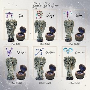 May include: A collection of six zodiac-themed angel figurines and small round trinket boxes. Each set corresponds to a sign: Leo, Virgo, Libra, Scorpio, Sagittarius, and Capricorn, with dates listed below each pair. The angels are grey-toned.