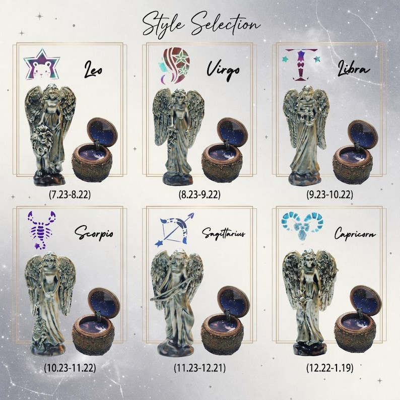 May include: A collection of six zodiac-themed angel figurines and small round trinket boxes. Each set corresponds to a sign: Leo, Virgo, Libra, Scorpio, Sagittarius, and Capricorn, with dates listed below each pair. The angels are grey-toned.