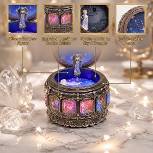 May include: A round, dark-toned music box featuring an Athena goddess figure, illuminated zodiac reliefs, and a 3D carved starry sky and temple interior. The exterior displays a detailed retro pattern, with internal blue lighting and rotating elements.