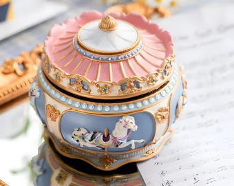 Personalized Musical Jewelry Box with Rotating Carousel - Engraved Gift