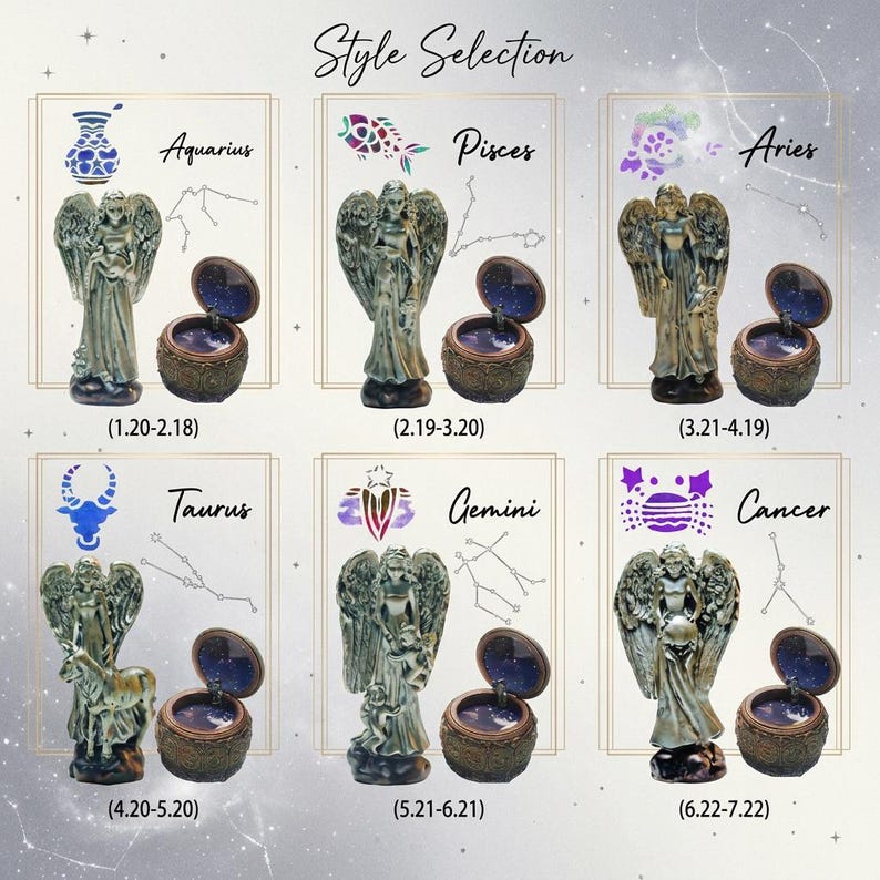May include: A collection of six zodiac-themed angel figurines and small round trinket boxes, each labeled with a sign name, date range, and constellation. The set includes Aquarius, Pisces, Aries, Taurus, Gemini, and Cancer, featuring detailed angel statues and open containers with dark blue starry interiors.