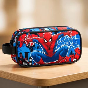 A pencil case or pouch featuring a Spider-Man design, with the character in a dynamic pose.