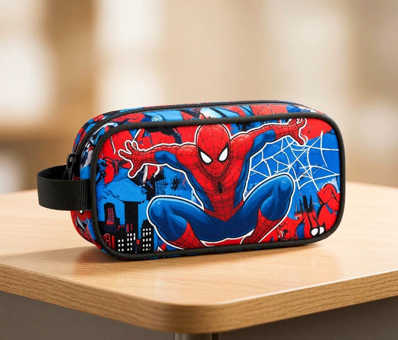 A pencil case or pouch featuring a Spider-Man design, with the character in a dynamic pose.