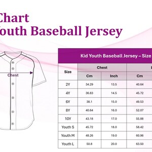 The image is a size chart for a kid youth baseball jersey, showing the measurements for different age groups.
