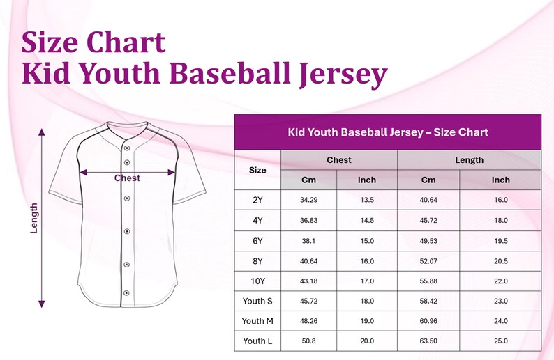 The image is a size chart for a kid youth baseball jersey, showing the measurements for different age groups.