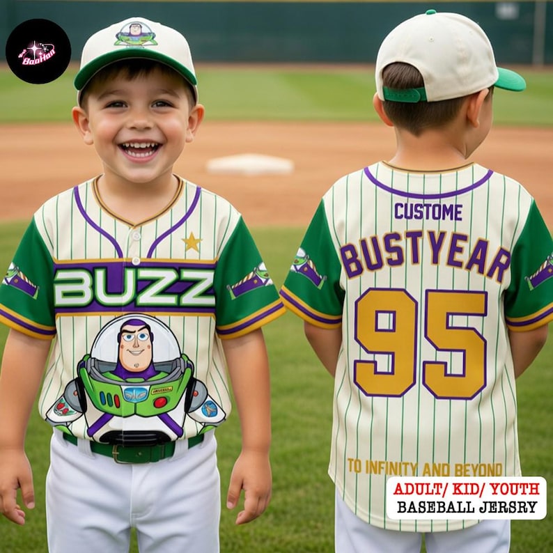 A young boy wearing a Buzz Lightyear baseball jersey and cap, smiling and posing on a baseball field.